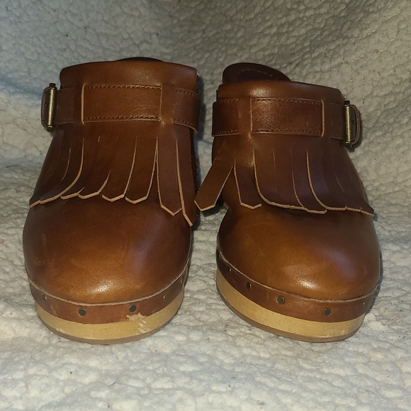 Madewell Kiltie Mules Brown Fringe Boho 70s style Leather Clog heels size 8 - Picture 2 of 9